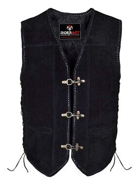 RIDERACT® Motorcycle Vest Black Leather Triple Clasp Casual Riding Vest